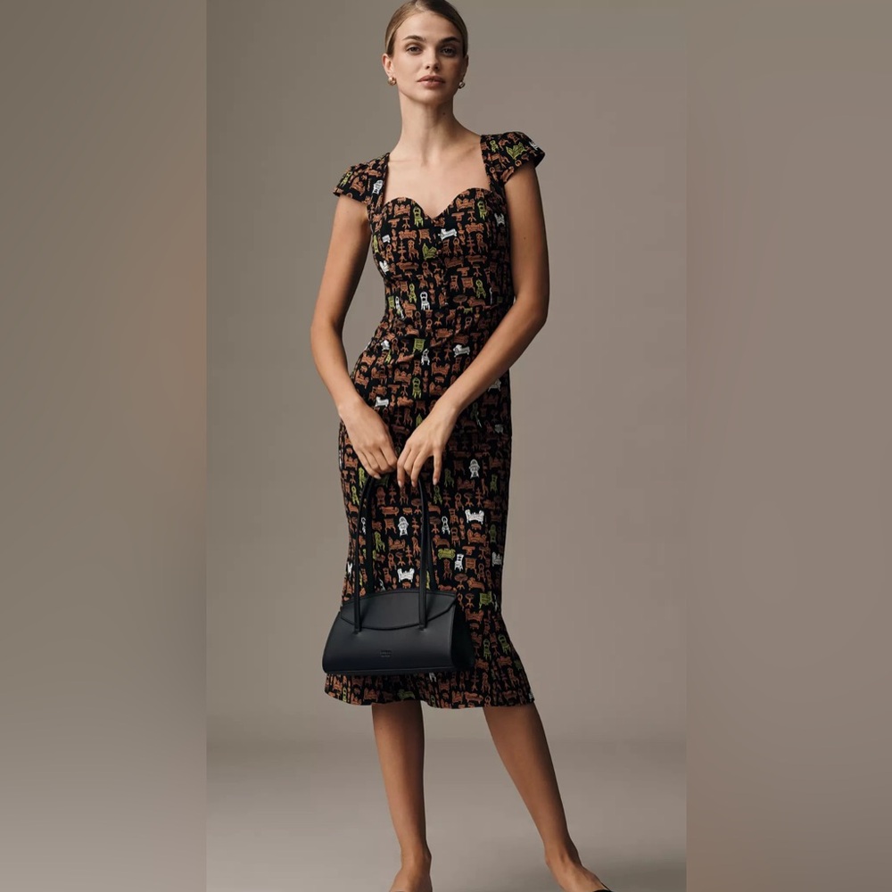 Maeve Anthropologie The Cecily Designer Midi‎ Dress with Green & Tan Chair Print